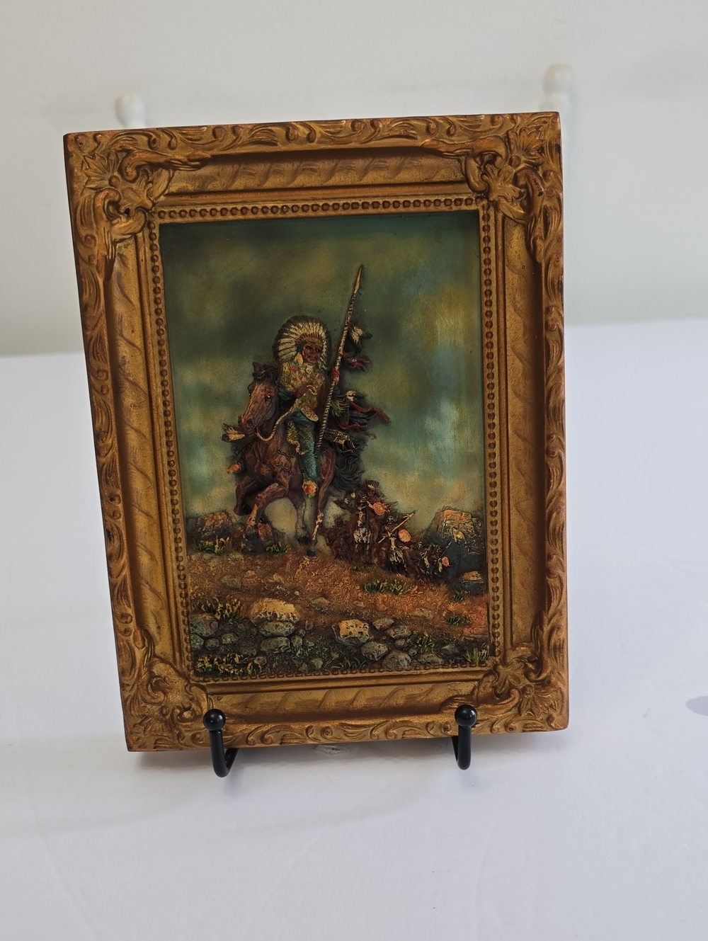 Vintage 3D Relief Puff  Raised Native American Warrior Horse Hanging Frame Decor